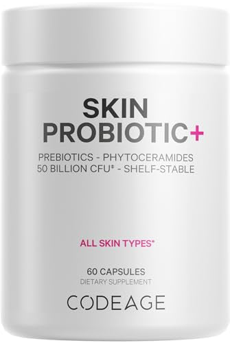 Skin Probiotics + Prebiotics - Skin Care Routine Supplement - 50 Billion CFU - Ayurvedic Botanical Herbs - Face Probiotics - Shelf Stable Cleanser, Non-GMO, Vegan - 60 Capsules