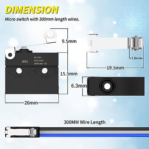 Micro Switch with Lever Waterproof IP67 Sealed Roller Lever Limit Switch SPDT 3 PIN Pre-Wired Micorswitch 5A 250VAC -2PC