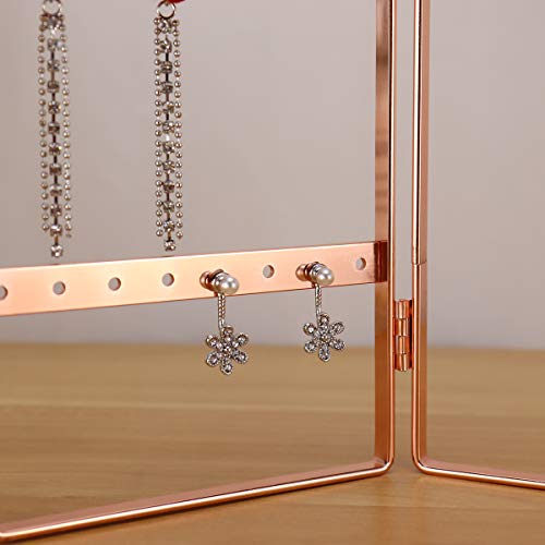 3-Panel Jewelry Organizer, Metal Jewelry Holder, Foldable Jewelry Hanger, Portable Jewelry Display Rack for Earrings, Necklaces &amp; Bracelets (Rose Gold)