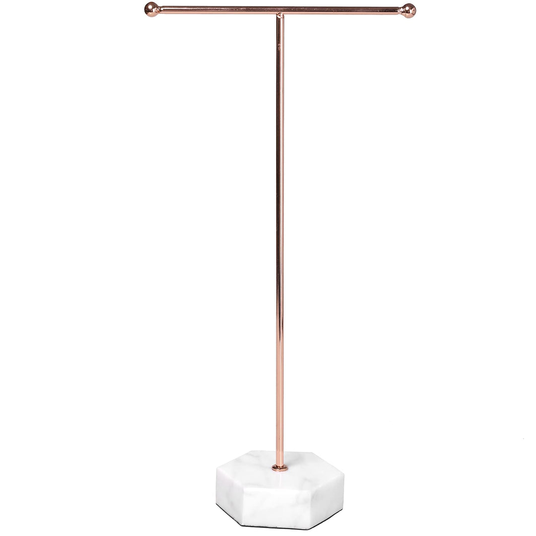 MyGift Modern Rose Gold Metal Countertop T-Bar Hand Towel Holder Stand, Bathroom Washcloth Drying Rack with Hexagonal White Marble Base