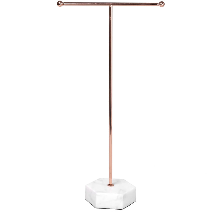 MyGift Modern Rose Gold Metal Countertop T-Bar Hand Towel Holder Stand, Bathroom Washcloth Drying Rack with Hexagonal White Marble Base