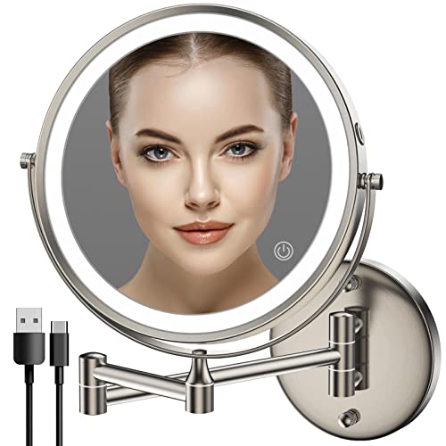 Rechargeable Wall Mounted Lighted Makeup Mirror, 8 Inch Double-Sided LED Vanity Mirror 1X/10X Magnification,3 Color Lights Touch Screen Dimmable 360°Swivel 13 Inch Extendable (Nickel, 10X)