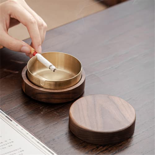 Wooden Ash Tray with Lid, Cute Ashtray for Cigarette Outdoor Patio, Ash Collection Tray with a Removable Stainless Steel Inner Liner for Home,Office,Indoor,Parties