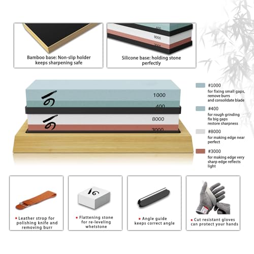 Knife Sharpening Stone Kit, Professional Japanese Whetstone Sharpener Stone Set, Premium 4 Side Grit 400/1000 3000/8000 Water Stone, Flattening Stone, Angle Guide, Leather Strop, Anti Cut Gloves