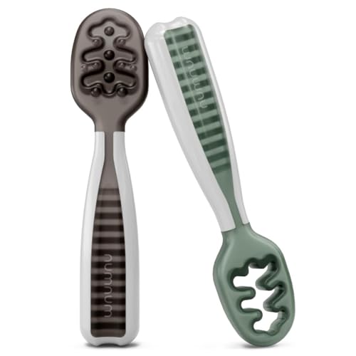 Baby Spoons Set, Pre-Spoon GOOtensils for Kids Aged 6+ Months - First Stage, Baby Led Weaning (BLW) Spoon - Self Feeding, Silicone Toddler Food Utensils - 2 Spoons, Gray/Green
