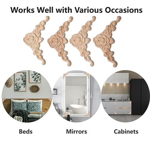 Wood Appliques Onlays for Furniture, 4-Pack Unpainted Wooden Carved Rose Decals DIY Decorative Corners for Bed Wall Dresser Mirror Door Cabinet Wardrobe, 8x8cm/3.15x3.15