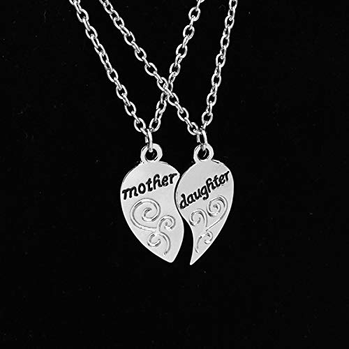 2 Pieces Silver Pendants Necklace Heart Mother and Daughter Pendant Sweater Chain Fashion Jewelry Christmas Birthday Gift