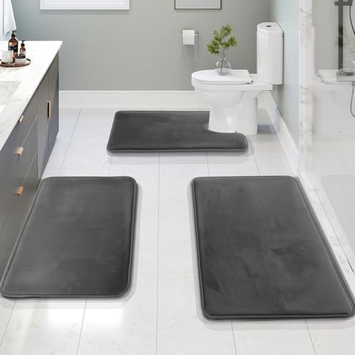 3 Piece Bathroom Rugs Bath Mat Set, Velvet Memory Foam Bath Mats for Bathroom - Non-Slip, PVC Backing Bath Rugs, Washable Bathroom Rug Mats - Dries Quickly, Grey Bathroom Rug Set