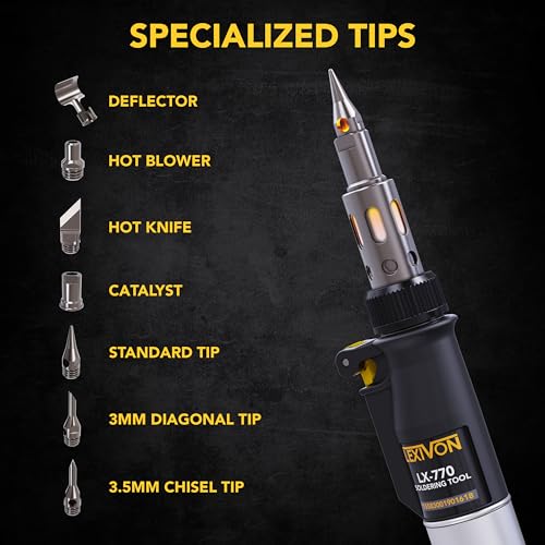 Butane Soldering Iron Multi-Purpose Kit | Cordless Self-Igniting Adjustable Flame 7-Tip Set | Pro-Grade (LX-770)