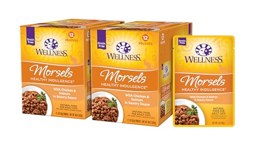 Healthly Indulgence Morsels Adult Wet Cat Food, Natural, Protein-Rich, Grain Free, 3 Ounce Pouch, 24 Pack, (Chicken & Salmon)