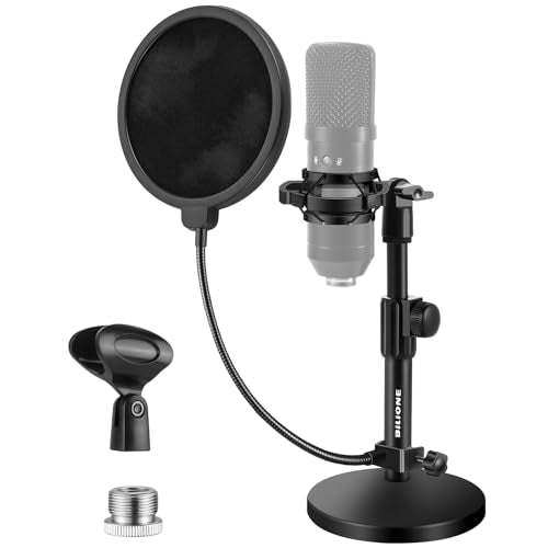 Upgraded Desktop Microphone Stand, Adjustable Mic Stand Desk with Pop Filter, Shock Mount, Microphone Clip, 5/8 to 3/8 Metal Screw Adapter