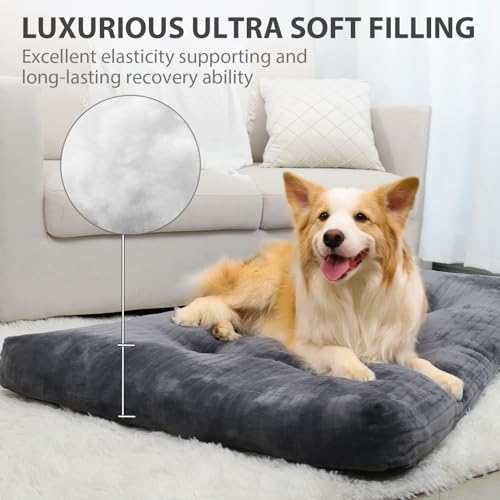 Dog Crate Bed Washable Dog Beds for Large Dogs Deluxe Thick Flannel Fluffy Comfy Kennel Pad Anti-Slip &amp; Anti-Scratch Pet Sleeping Mat, 35 x 23 Inch, Gray