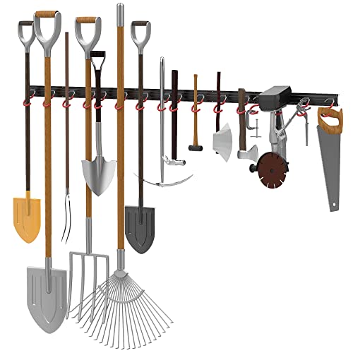 All Metal 64 Inch Wall Mount Garden Tool Organizer for Garage, Mop and Broom Holder, Yard Tool Storage Rack for Rake, Shovel, Spade, Mop, Broom(4 Rails, 16 Hooks)