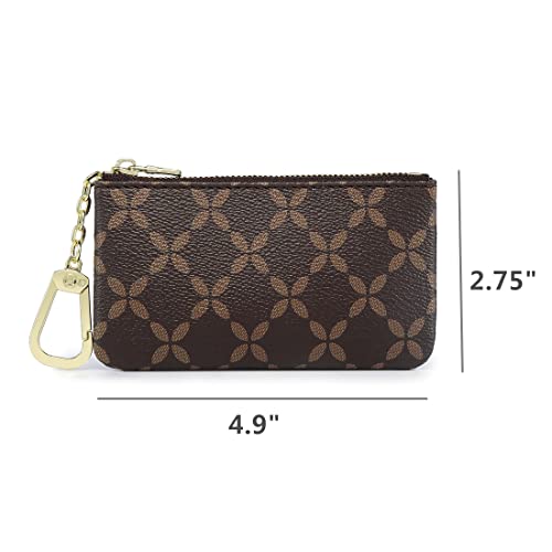 Luxury Zip Key Chain Pouch | Mini Coin Purse Wallet Card Holder with Clasp | for Men Women - Coated Canvas (Brown)