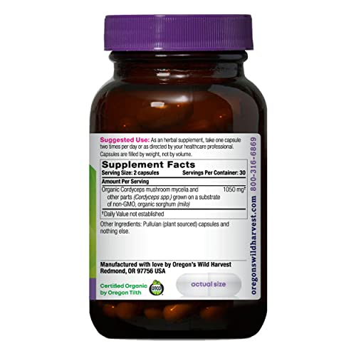 Oregon&#39;s Wild Harvest Cordyceps Organic Mushroom Herbal Supplement (Freeze-Dried) | Endurance and Stamina Support, 60 Count
