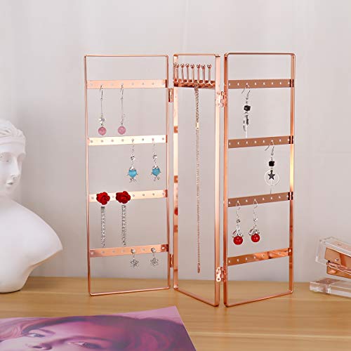 3-Panel Jewelry Organizer, Metal Jewelry Holder, Foldable Jewelry Hanger, Portable Jewelry Display Rack for Earrings, Necklaces &amp; Bracelets (Rose Gold)
