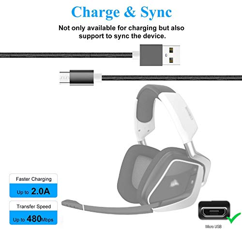 Replacement USB Charging Cable for Corsair Gaming Void RGB Elite Wireless Premium Gaming Headset Micro USB Cable (5ft Black)