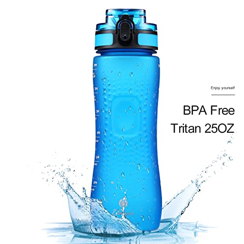 25 oz Water Bottle, BPA Free Tritan Thick Water Bottles with Handle Lid, Water Jug with Time Marker, Blue Color Leak-proof Water Bottle for Kids &amp; Adults