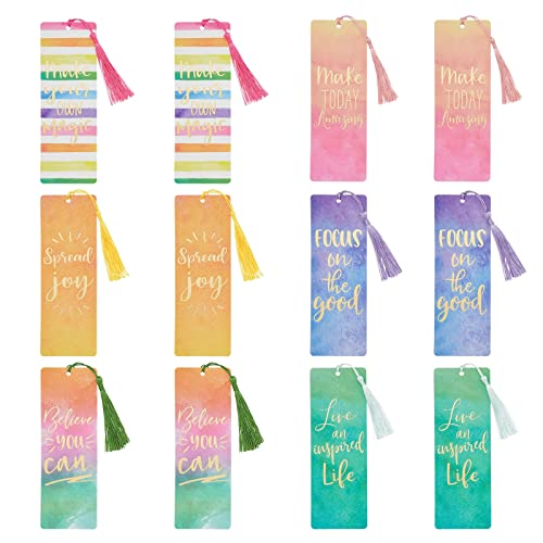 12 Pack Watercolor Inspirational Bookmarks with Tassels and Sleeves for Book Lovers, 6 Motivational Quotes (2.5 x 7 in)