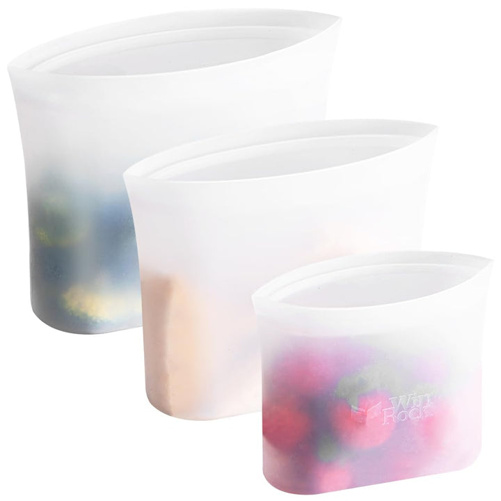 Reusable 100% Silicone Food Storage Bags, Sandwich Snack Bags New Generation Stand Up Zip Container for Soup and Leftovers, Plastice &amp; BPA Free, Microwave Oven Safe 3 Pack (51oz, 34oz, 17oz)