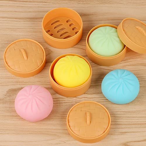 4 PCS Colorful Dumpling Stress Balls Fidget Sensory Toy,Squeeze Dough Ball Stress Relief Hand Toy,Bun with Food Steamer Stretchy Desk Toys