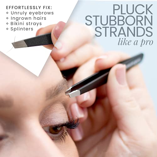 Tweezer Guru Tweezers for Women - Slant Pointed Precision Tweezers for Eyebrows &amp; Ingrown Hair Removal - Blackhead and Splinter Tweezer with Sharp Needle Nose Point for Plucking (Black)
