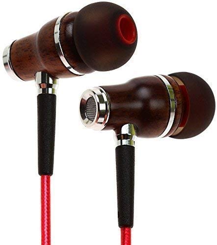 NRG 2.0 Wood Earbuds Wired, in Ear Headphones with Microphone for Computer &amp; Laptop, Noise Isolating Earphones for Cell Phone, Ear Buds with Booming Bass (Lava Red)