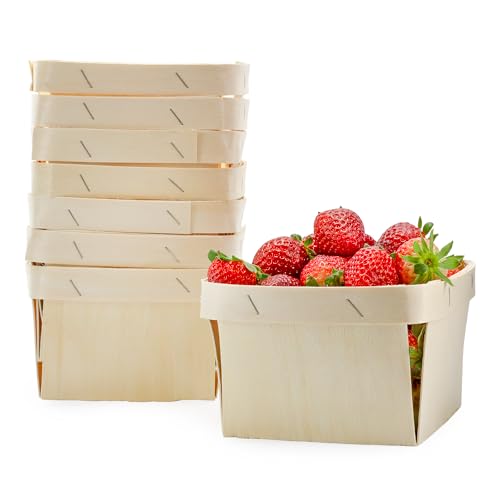 Quart Wooden Berry Baskets (8-Pack); 5.75-Inch Square Vented Wood Boxes for Fruit Picking, Easter or Arts & Crafts