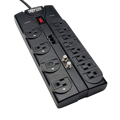 TLP1208TELTV 12 Outlet Surge Protector Power Strip, 8ft Cord, Right-Angle Plug, Tel/Modem/Coax Protection, RJ11, & Dollar 150,000 Insurance Black