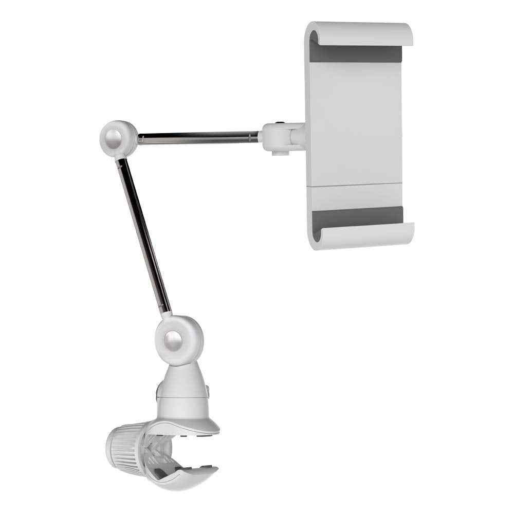 Tablet Mount Holder for 7-12 inch Devices, Portable Multi-Position, 360 Degree Rotation Bracket, fits Apple iPad/Air/Mini, Samsung Galaxy Tab, Firm Clamp, Multi Surface White and Silver