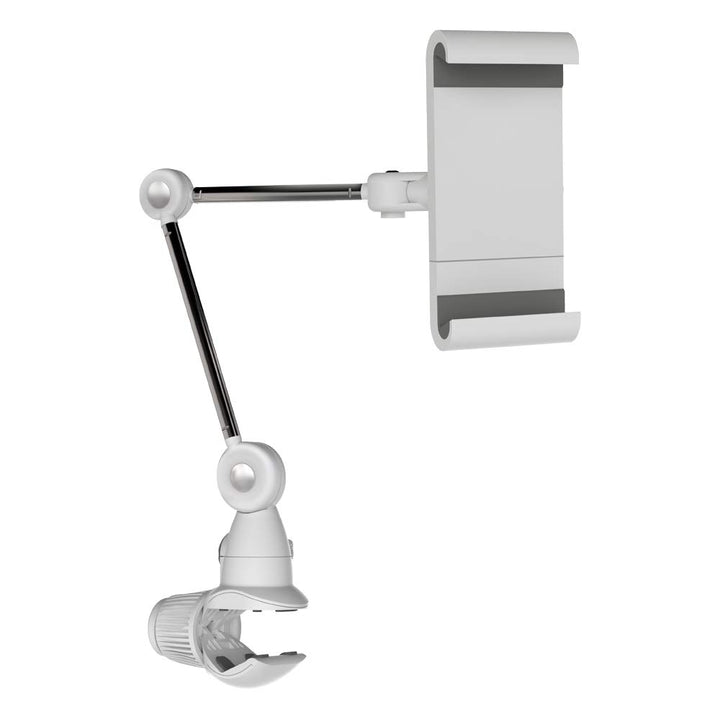 Tablet Mount Holder for 7-12 inch Devices, Portable Multi-Position, 360 Degree Rotation Bracket, fits Apple iPad/Air/Mini, Samsung Galaxy Tab, Firm Clamp, Multi Surface White and Silver