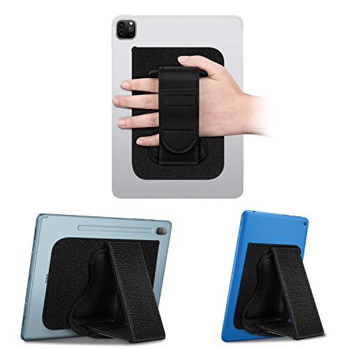 Universal Tablet Hand Strap Holder - [Dual Stand Supports] Detachable Padded Hook &amp; Loop Fastening Handle Grip with Adhesive Patch for iPad/Galaxy Tab and All 7-11 Tablets, Black