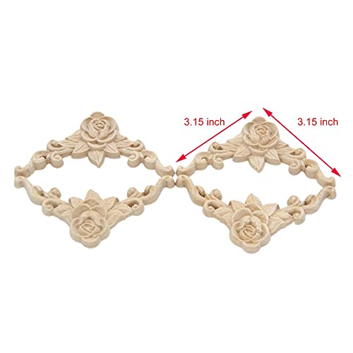 Wood Appliques Onlays for Furniture, 4-Pack Unpainted Wooden Carved Rose Decals DIY Decorative Corners for Bed Wall Dresser Mirror Door Cabinet Wardrobe, 8x8cm/3.15x3.15