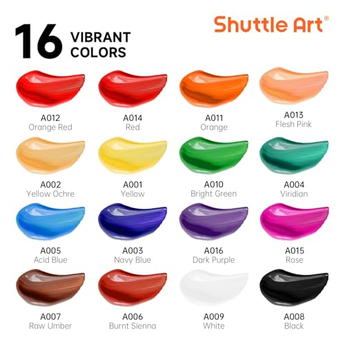 Acrylic Paint Set, 16 x12ml Tubes Artist Quality Non Toxic Rich Pigments Colors Great for Kids Adults Professional Painting on Canvas Wood Clay Fabric Ceramic Crafts