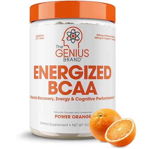 Genius BCAA Powder - 5g Vegan BCAAs L-Glutamine, Cognizin &amp; Rhodiola Muscle Recovery Energy Support 100mg Caffeine Pre, Intra, Post-Workout Nootropic Supplement for Focus &amp; Performance - Orange