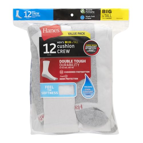 Mens Double Tough Socks, 12-pair Pack Crew Socks, White/Grey Foot Bottom, 6-12