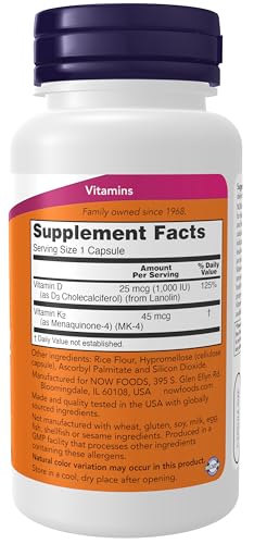 NOW Supplements, Vitamin D-3 & K-2, 1,000 IU/45 mcg,Plus Cardiovascular Support*, Supports Bone Health*, 120 veg Capsules