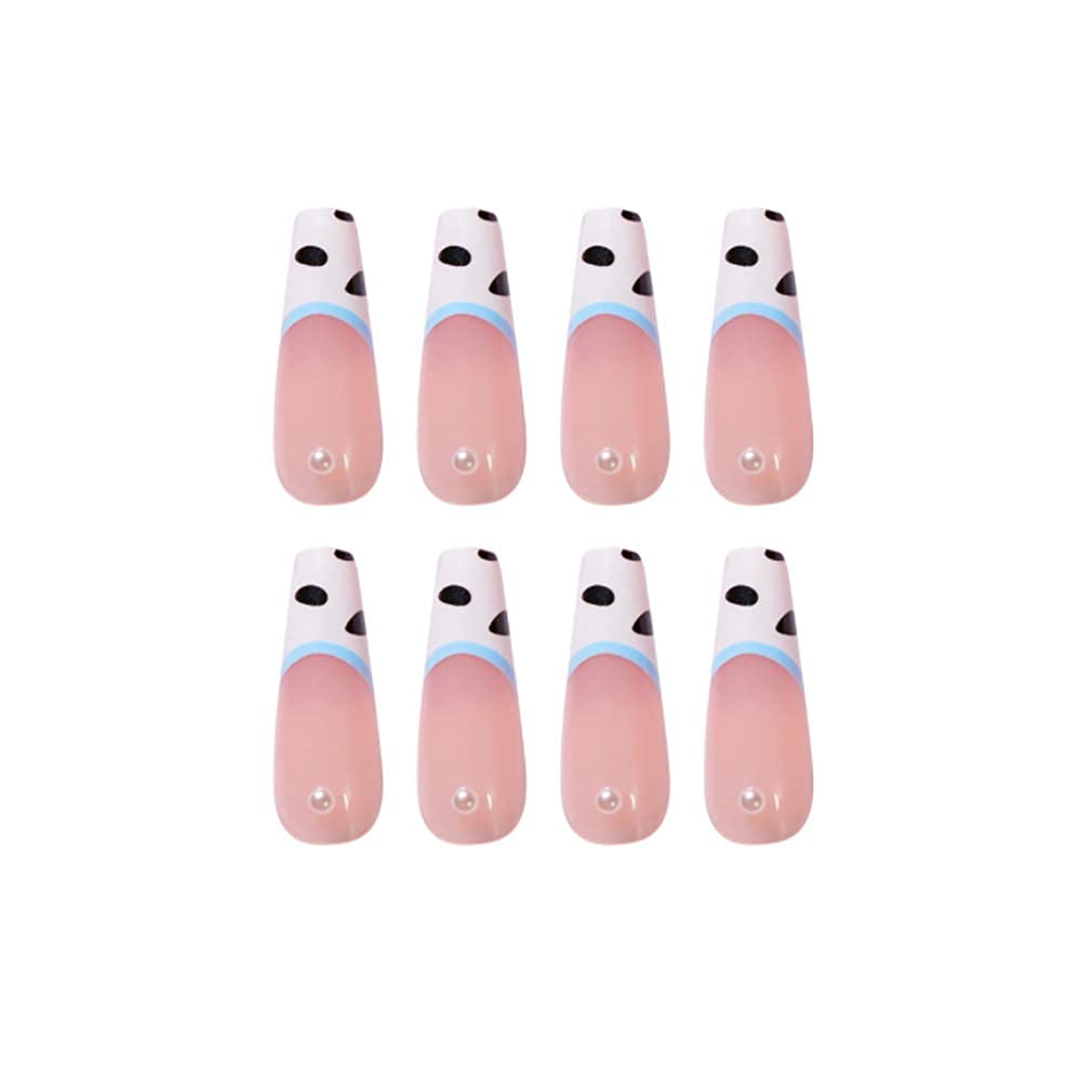 Coffin Fake Nails, 24Pcs Long Nude False Nails Cow Press on Nails Pearl Acrylic Nail Art Tips for Women and Girls