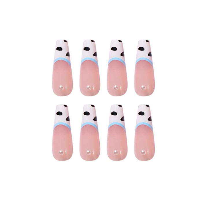 Coffin Fake Nails, 24Pcs Long Nude False Nails Cow Press on Nails Pearl Acrylic Nail Art Tips for Women and Girls