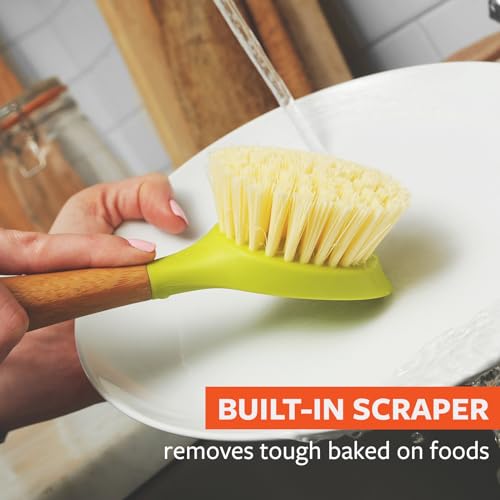 Be Good Bamboo Handle Dish Brush – Sustainable Kitchen Cleaning with Tough Bristles - Natural Dish Scrubber &amp; Cast Iron Cleaner - Long Handle Brush for Dishes, Pots, and Pans, Green
