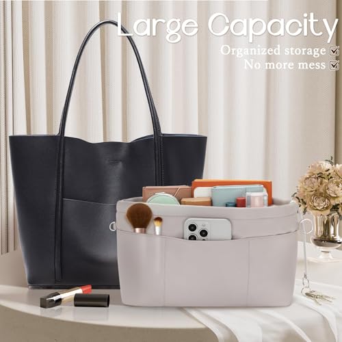 Purse Organizer Insert with Zipped Top for Tote Bag, Handbag Shaper with 13 Pockets, Grey M