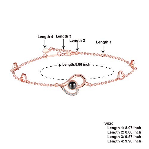 Women Love Heart Projection Bracelet or Anklet Jewelry, 925 Sterling Silver Memory of Love Bracelet or Anklet - 100 Different Languages for I Love You (Rose Gold Anklet/Large Bracelet)