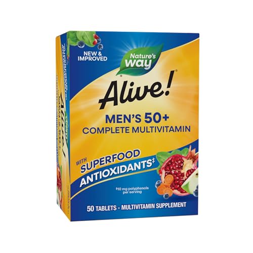 Nature’s Way Alive! Men’s 50+ Complete Multivitamin, Supports Healthy Brain, Eyes & Heart*, High Potency B-Vitamins, Gluten-Free, 50 Tablets (Packaging May Vary)