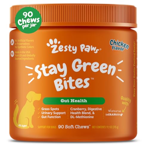 Zesty Paws Stay Green Bites for Dogs - Grass Burn Soft Chews for Lawn Spots Caused by Dog Urine - with Cranberry for Urinary Tract & Bladder - Chicken - 90 Count