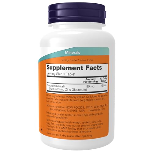 NOW Supplements, Zinc 50 mg, Tablets 250 Count (Pack of