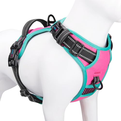 2019 Upgraded No Pull Dog Harness, Reflective Adjustable Vest, with a Training Handle + 2 Metal Leash Hooks+ 3 Snap Buckles +4 Slide Buckles(M, Pink)