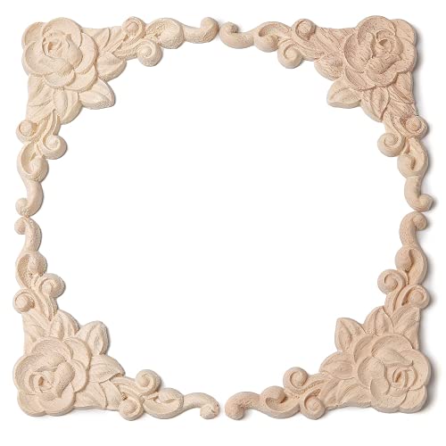 Wood Appliques Onlays for Furniture, 4-Pack Unpainted Wooden Carved Rose Decals DIY Decorative Corners for Bed Wall Dresser Mirror Door Cabinet Wardrobe, 8x8cm/3.15x3.15