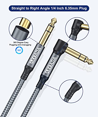 1/4 Inch TRS Instrument Cable (10ft 2Pack), Right Angle 6.35mm Male Jack Stereo Audio Interconnect Cord,Compatible for Bass,Keyboard,Mixer,Amplifier,Amp,Electric Guitar,Speaker
