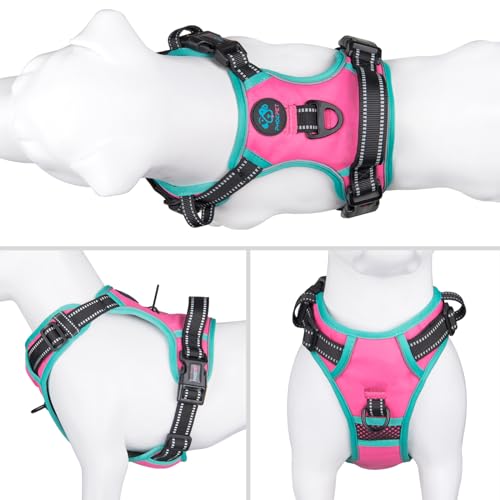 2019 Upgraded No Pull Dog Harness, Reflective Adjustable Vest, with a Training Handle + 2 Metal Leash Hooks+ 3 Snap Buckles +4 Slide Buckles(M, Pink)