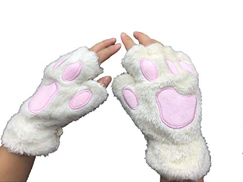 Cat Claw Bear Paw Fingerless Winter Plush Gloves 1Pair (White)